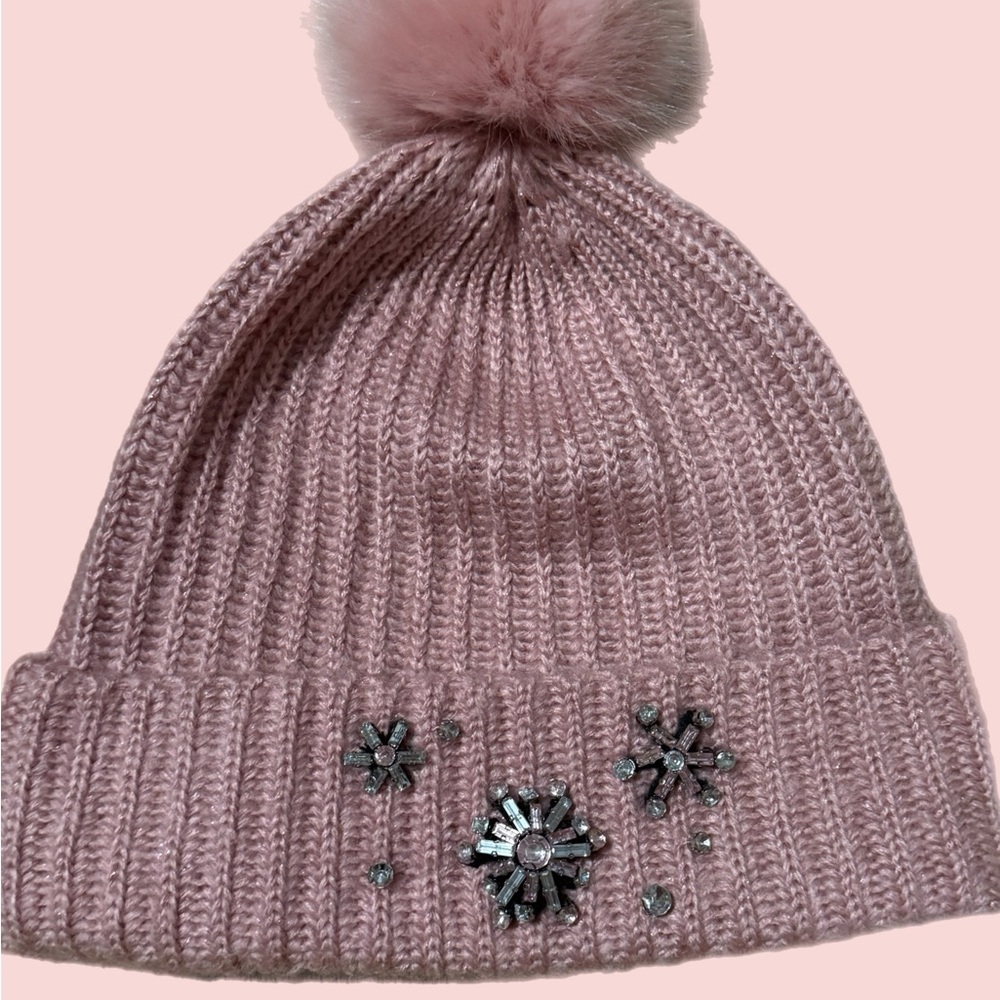 Pink Knit Beanie with Pom Pom and Embellishments
